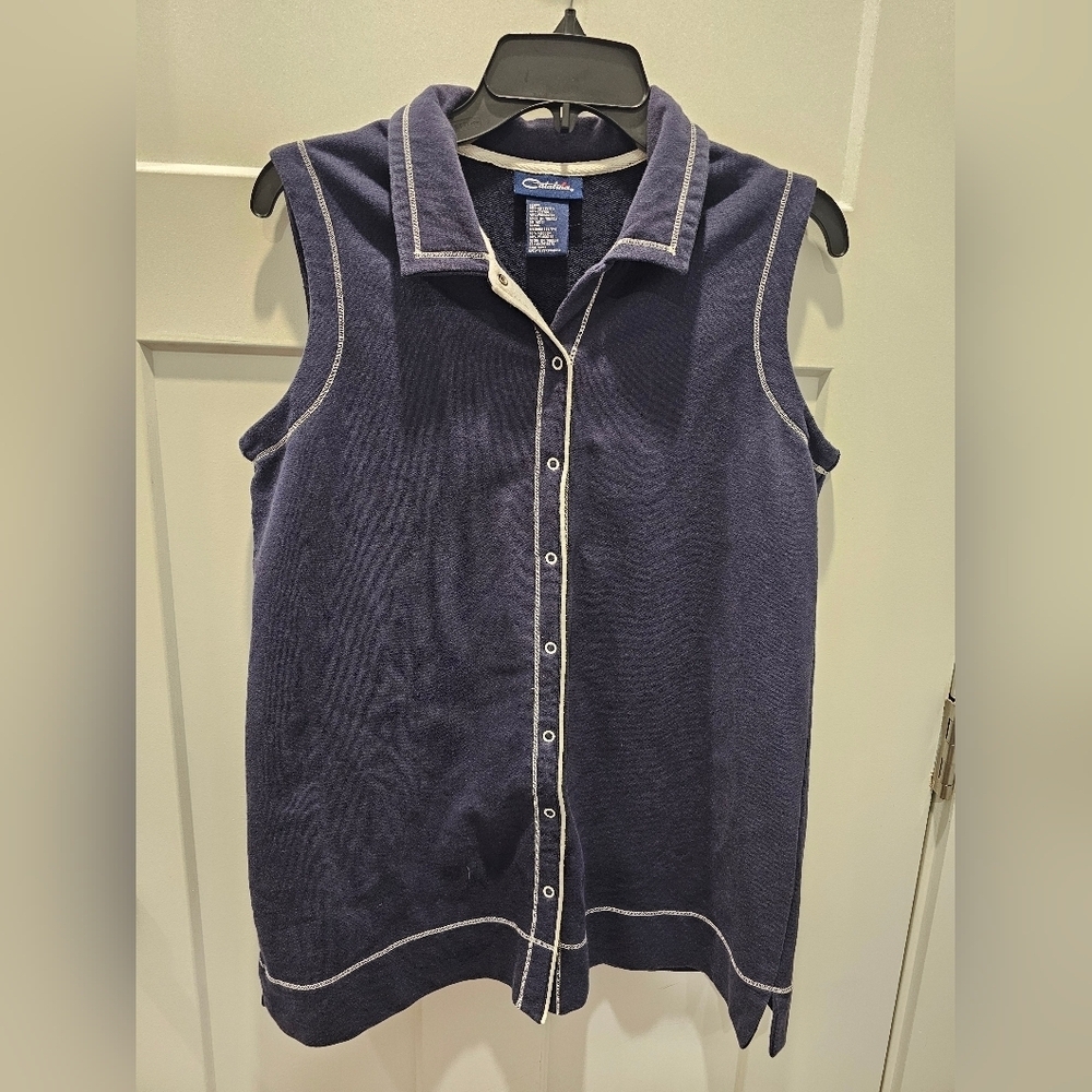 Catalina Women’s Size M Navy Terry Sleeveless Button-Front Top – Collared Cotton